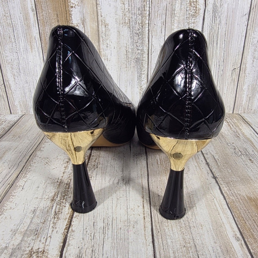 Liyuanmexie Black Quilted Patent Pointed Toe Pump Gold Accent Heel Size 41 US 10 - Picture 3 of 8